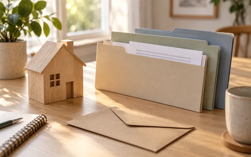 Illustration of organized financial records and a small house model for a home-buying budget.