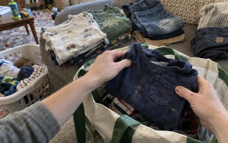 Hands folding outgrown toddler clothes into a bag to pass on