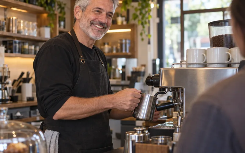 Older man working a relaxed part-time shift at a neighborhood coffee shop espresso machine