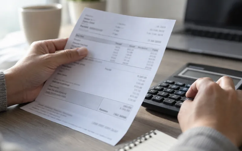 Hands checking a paper pay stub next to a calculator to find take-home pay