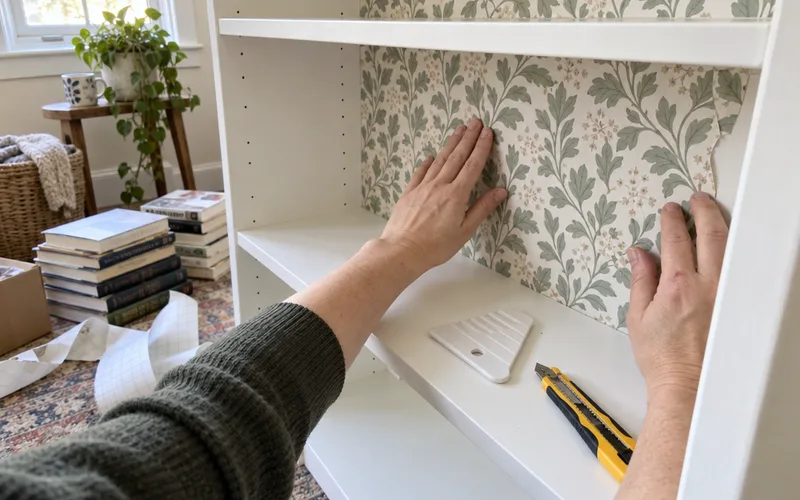 Hands smoothing peel-and-stick wallpaper onto the back of an empty bookcase
