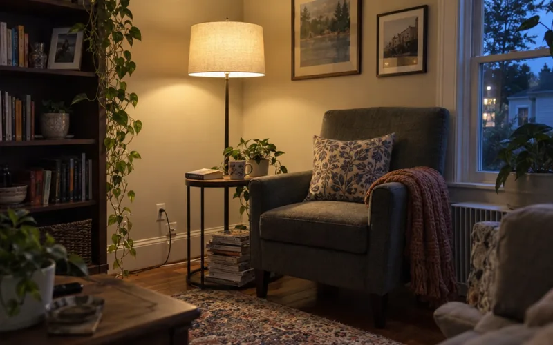 Floor lamp with a warm bulb lighting a reading chair in the corner of a small living room at dusk