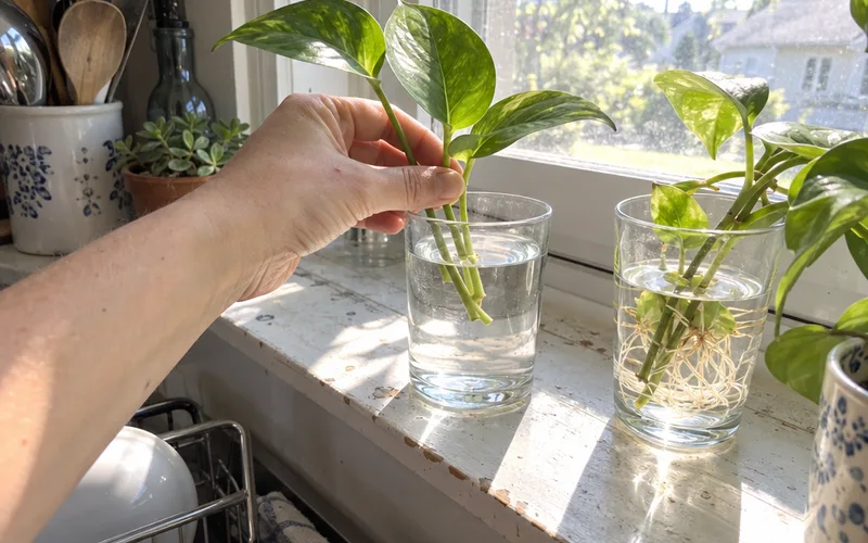 Hands setting a pothos cutting in a glass of water on a sunny windowsill