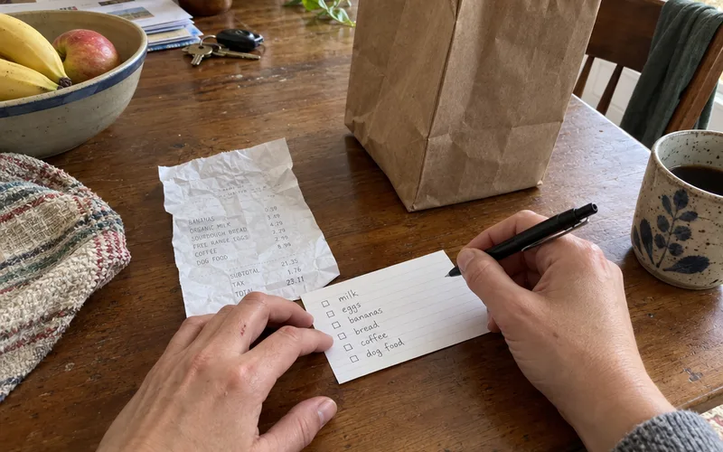 Hands with a short purchase checklist beside a store receipt