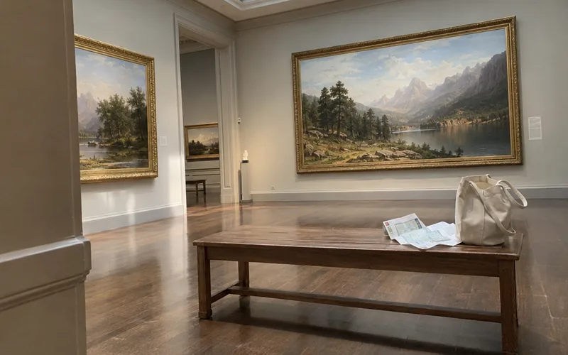 Bench in a quiet art museum gallery with a paper map and tote bag