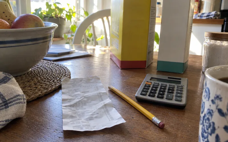 Grocery receipt, pencil and calculator next to washing soda and borax boxes for working out cost per load