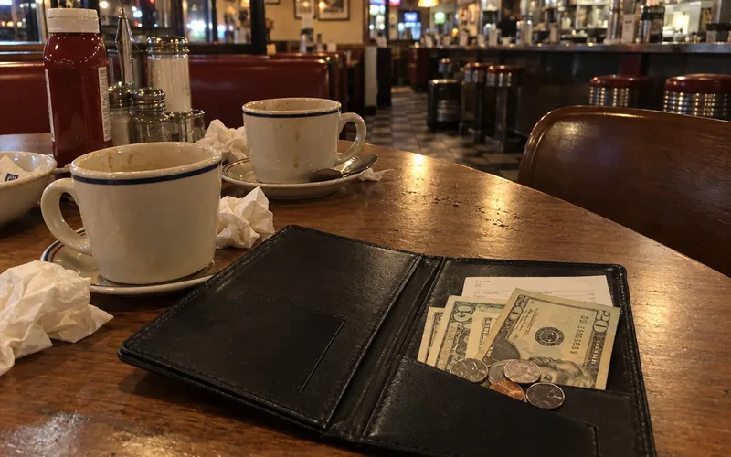Open restaurant check folder with cash for the tip on a diner table