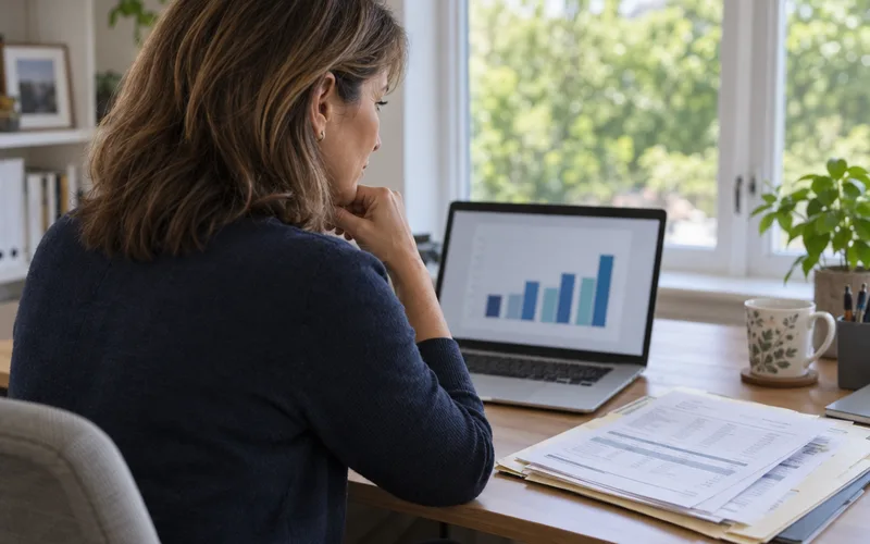 Woman at a home desk checking her savings progress on a laptop beside a folder of statements