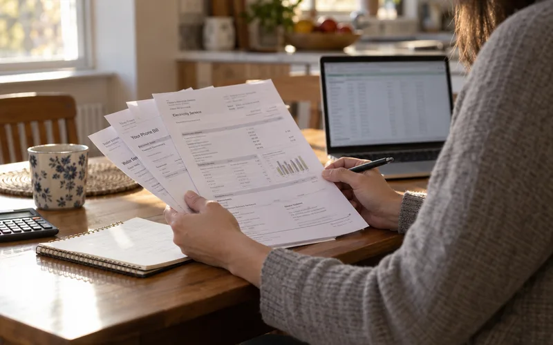 Person at a kitchen table reviewing monthly bills with a pen beside a laptop
