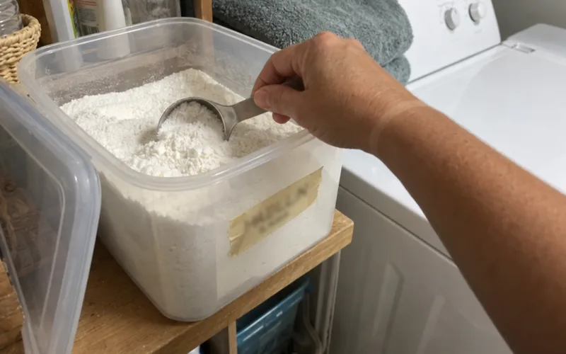 Hand dropping a tablespoon scoop into a labeled container of homemade laundry powder