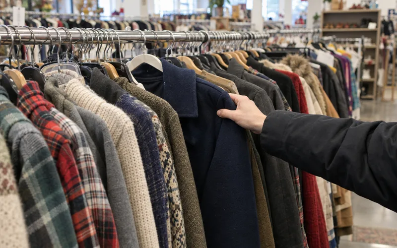 A rack of secondhand coats and sweaters in a thrift store with a shopper's hand sliding hangers aside