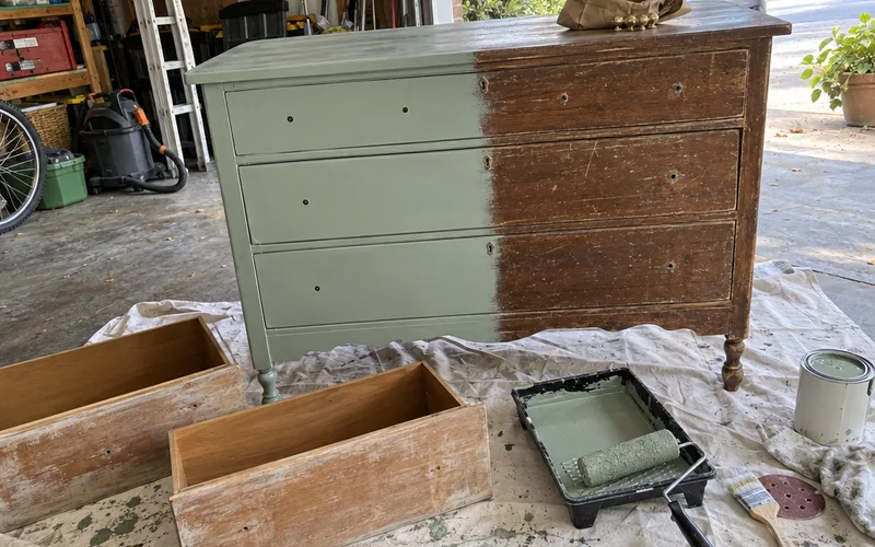 Secondhand wooden dresser half painted, with drawers out on a drop cloth and new knobs nearby