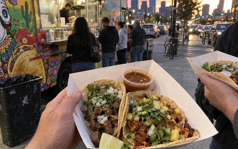 Two trays of tacos being shared in front of a food truck
