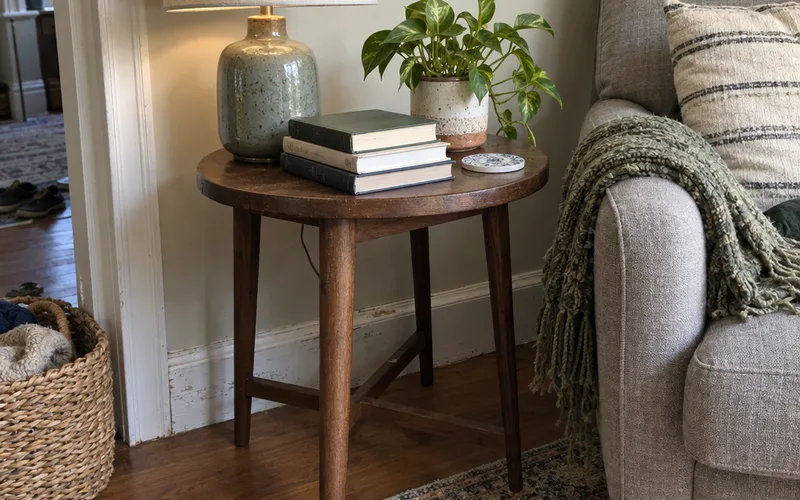 Side table styled with a lamp, a stack of books and a small plant moved from other rooms