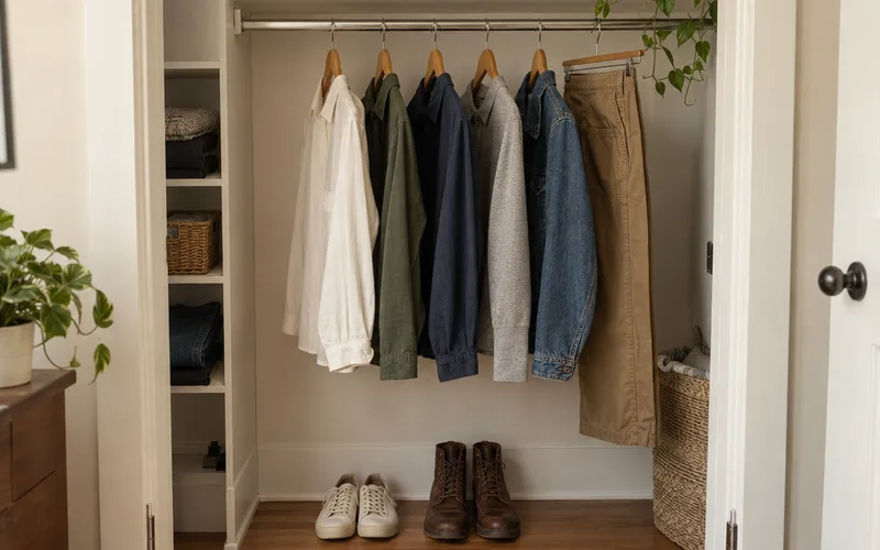A small open closet holding a few shirts, a jacket and two pairs of shoes on the floor