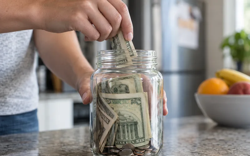 Hands adding a folded bill to a glass jar of cash on a kitchen counter