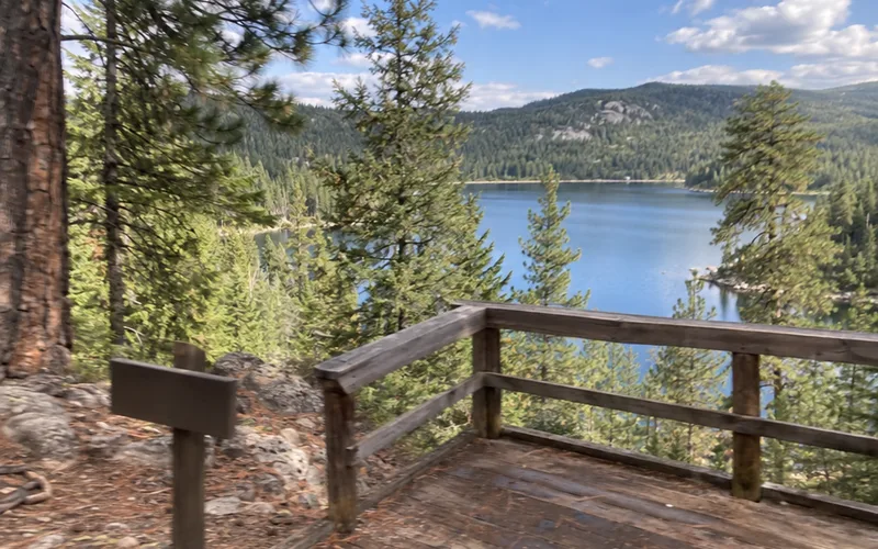 Wooden overlook above a calm lake in a state park