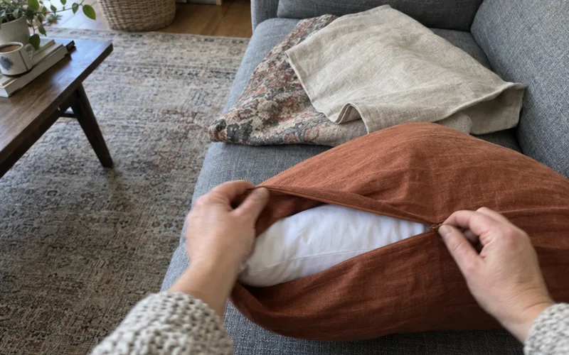 Hands zipping a new linen cover onto an old throw pillow insert on a sofa