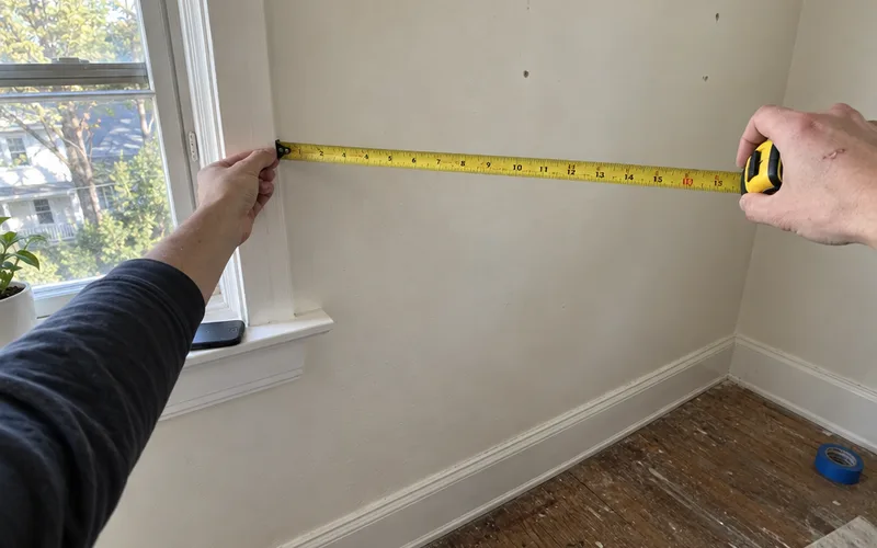 Hands holding a tape measure across a wall beside a window to plan furniture