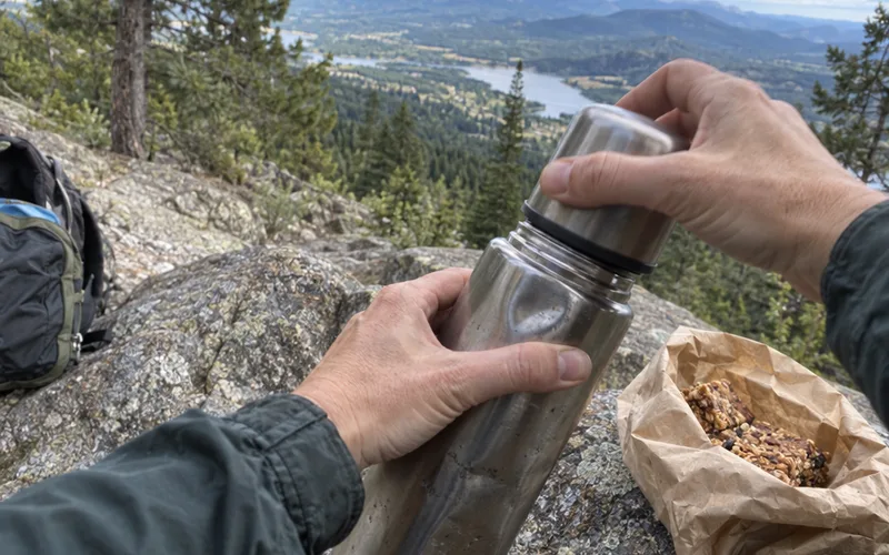 Hands opening a thermos at a lookout on a local hiking trail