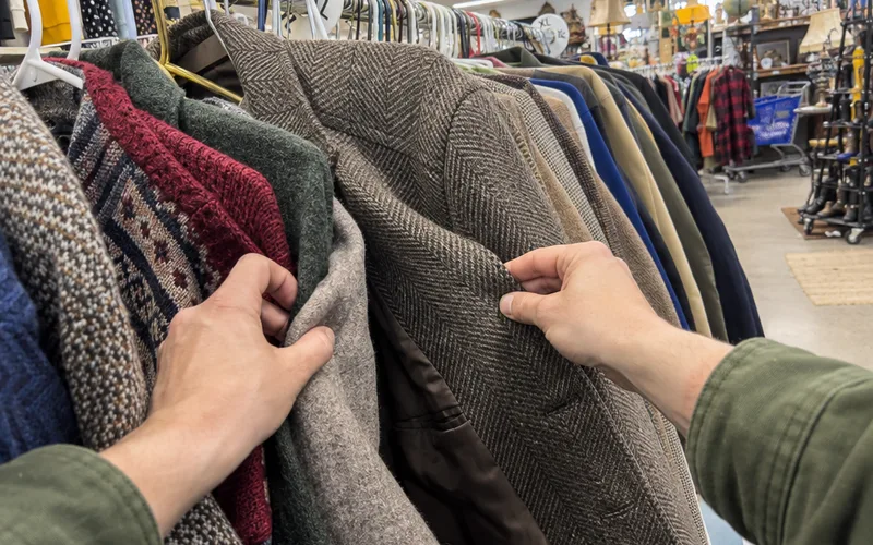 Checking the seams of a wool coat on a thrift store rack
