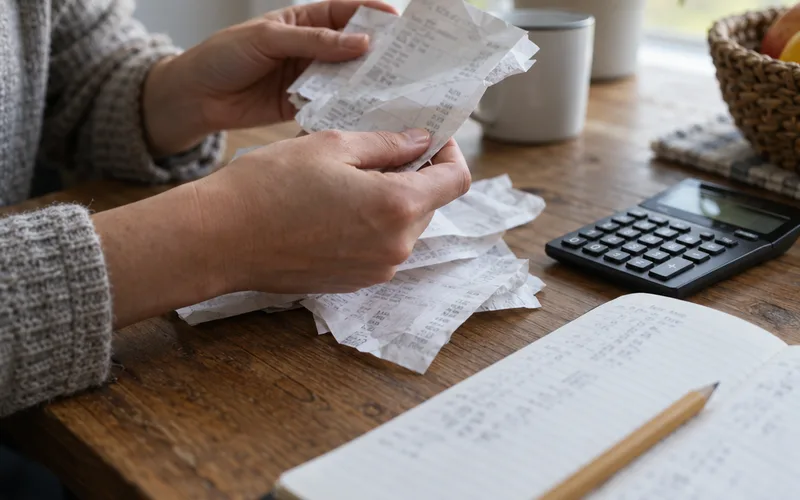 Hands sorting grocery receipts next to a notebook, pencil and calculator on a wooden table