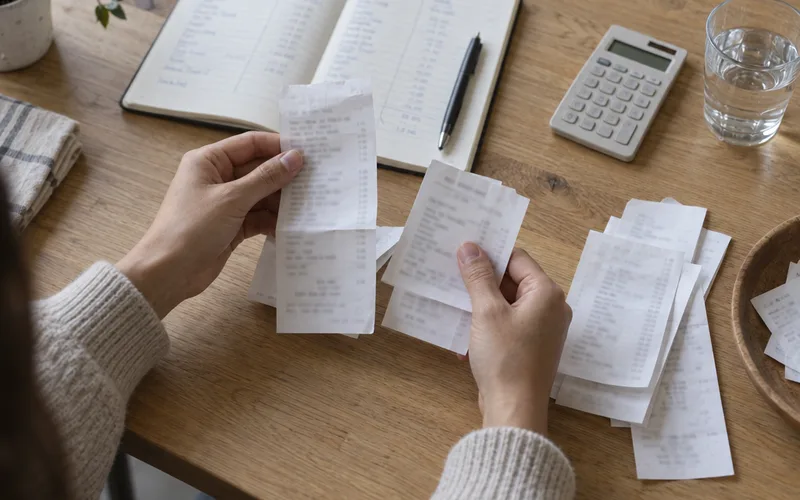 Hands sorting grocery receipts beside a notebook used to track monthly spending
