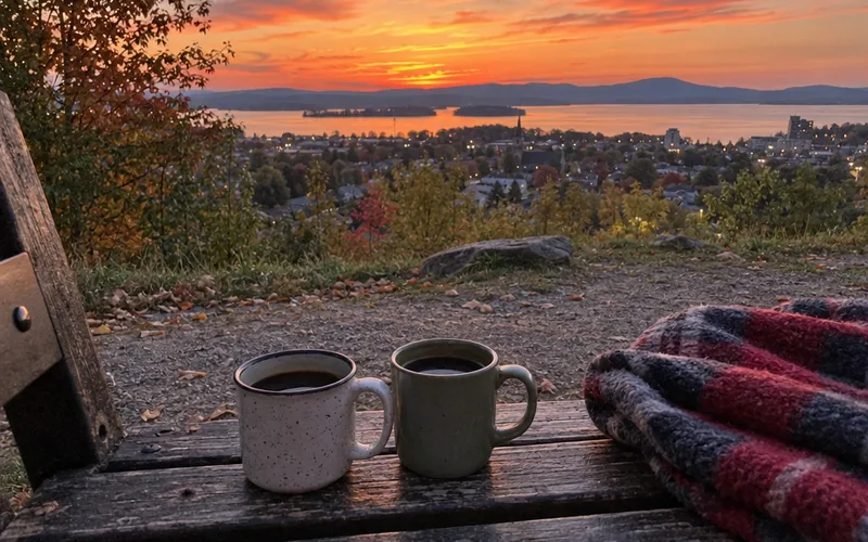 Two coffee mugs on a park bench overlooking a town at sunset
