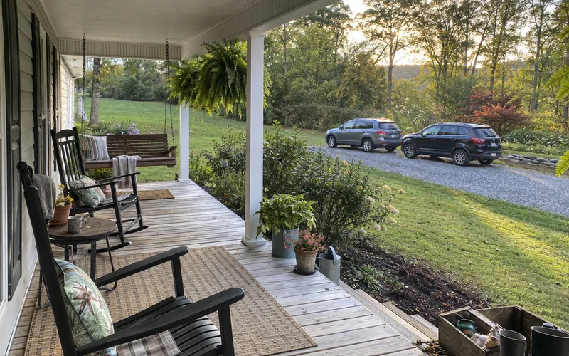 Wide front porch of a rented country vacation house with rocking chairs