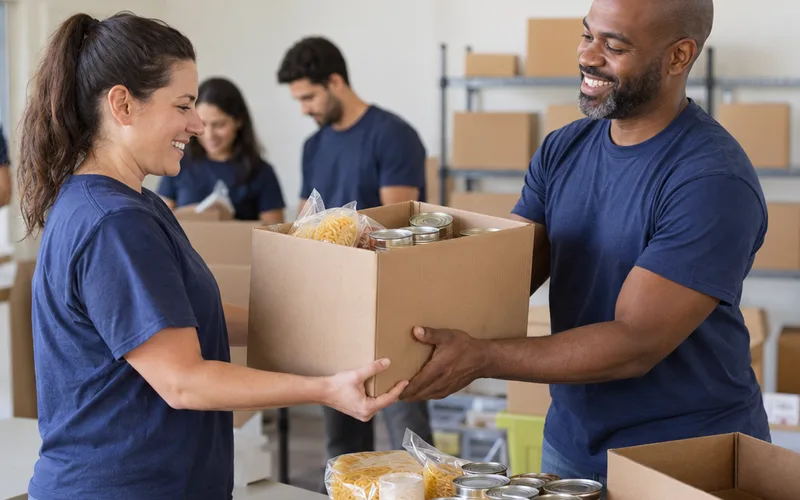 Volunteer handing a box of donated food to another volunteer at a community food drive