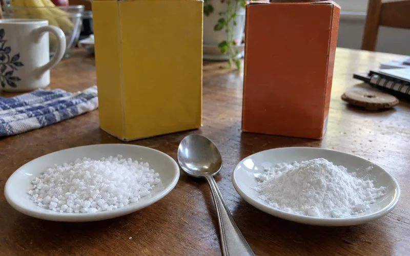 Washing soda and baking soda in two saucers side by side, showing the coarser washing soda