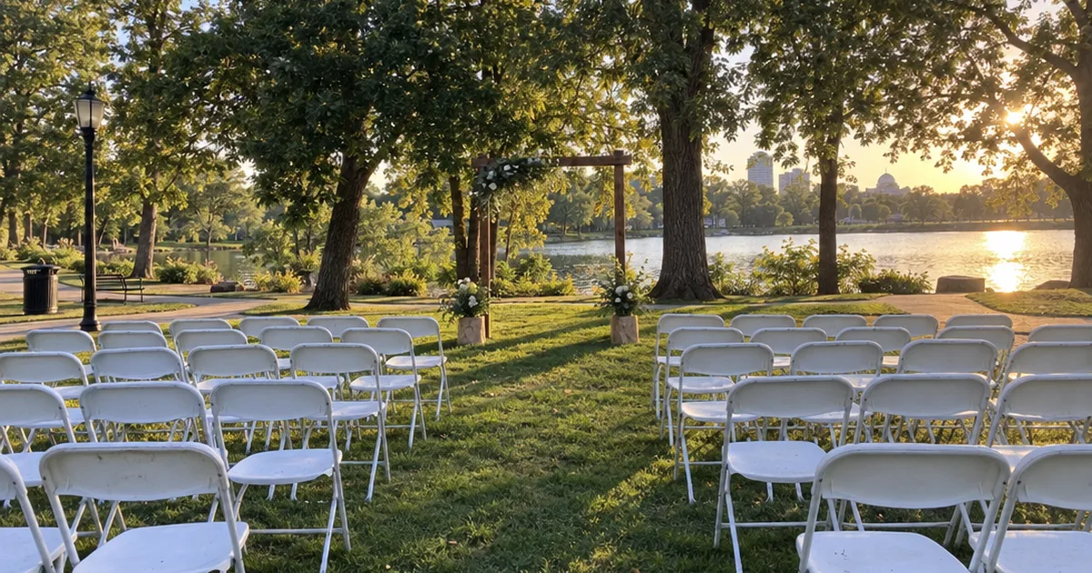 White folding chairs facing a simple wooden arch on the grass of a public park