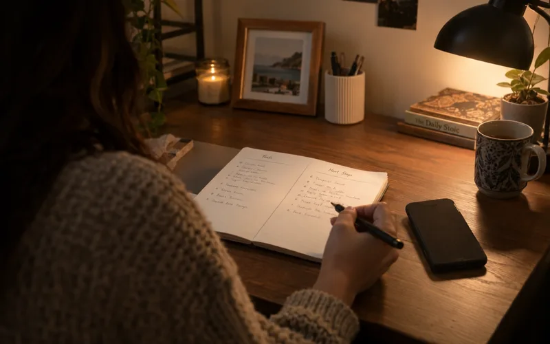 Person writing budget notes in a notebook at a desk under a warm lamp