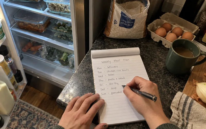 Hands writing a weekly meal plan next to leftovers in the fridge