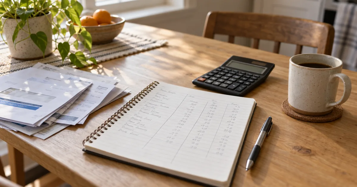 Notebook budget plan with a calculator, paper bills and coffee on a sunlit kitchen table