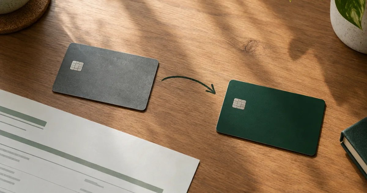 Old and new credit cards beside a statement showing a balance transfer