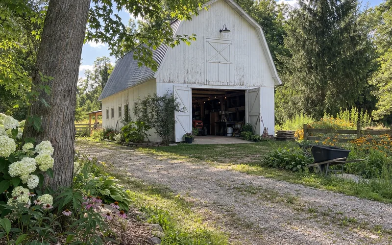 White-washed wooden barn with a gambrel roof surrounded by trees