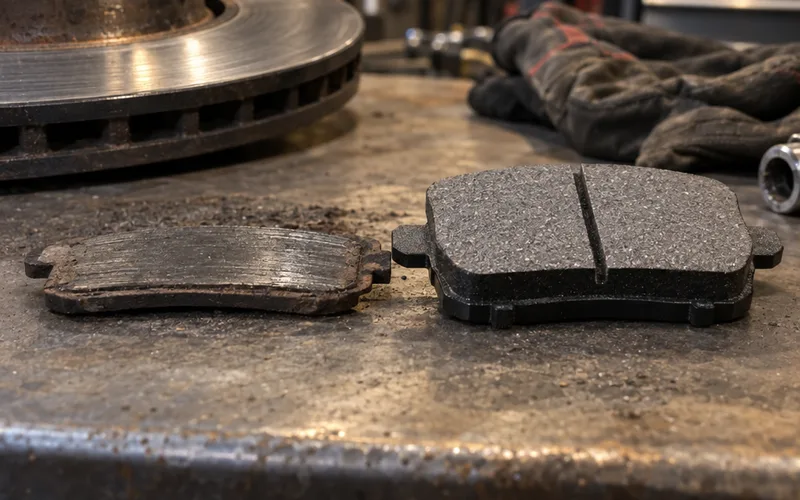 A worn brake pad next to a new one on a workbench, showing how wear items thin out with use